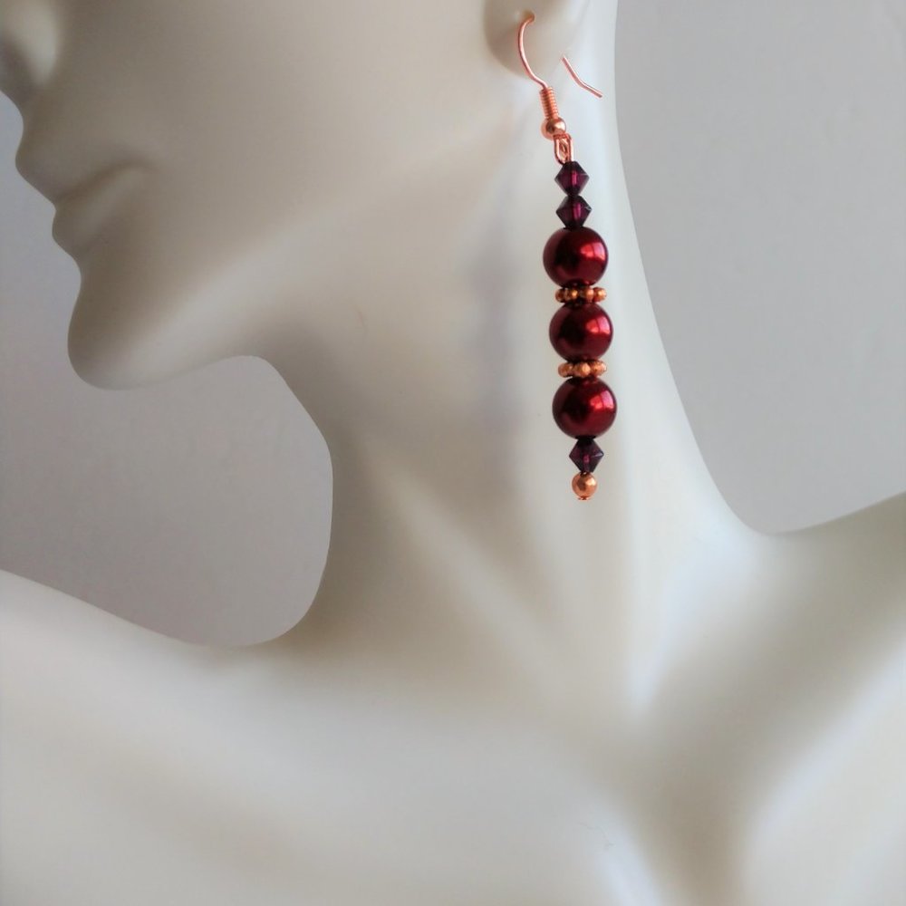 Red Faux Pearl Earrings On Copper Plated Brass Fishhooks Handmade 2.375 inches - Picture 14 of 16